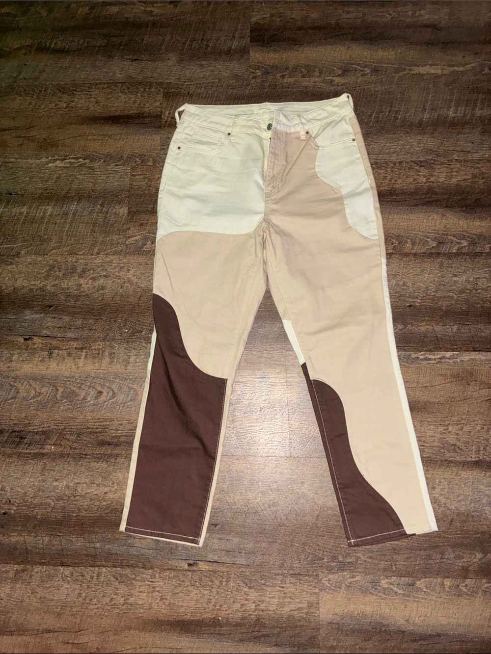 PacSun Two-Tone Patchwork Straight Leg Jeans in Cream and Brown